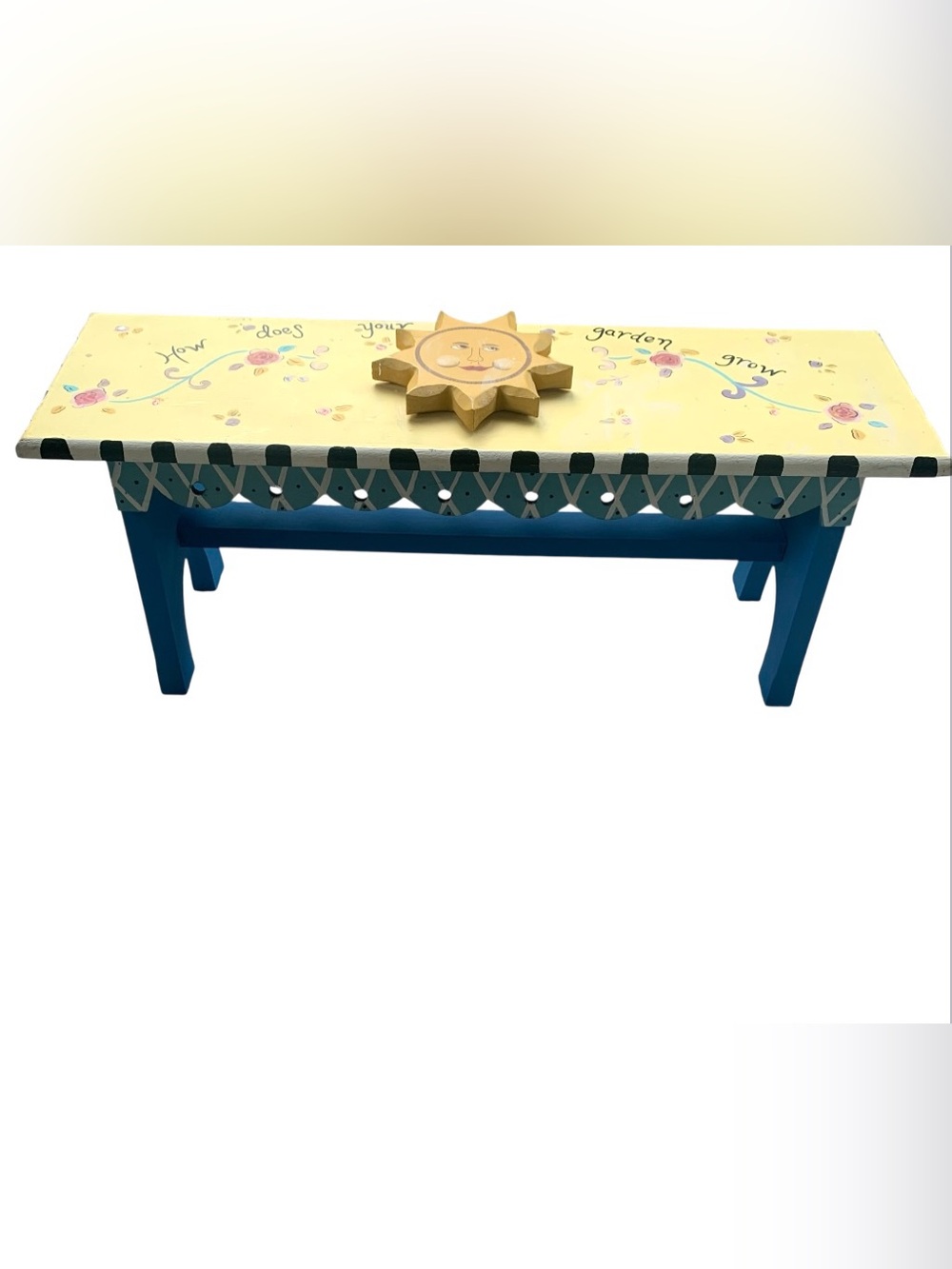 Whimsical Hand Painted Step Stool Raised Sun Wooden 24”x7”x 9.5” Cottage Core